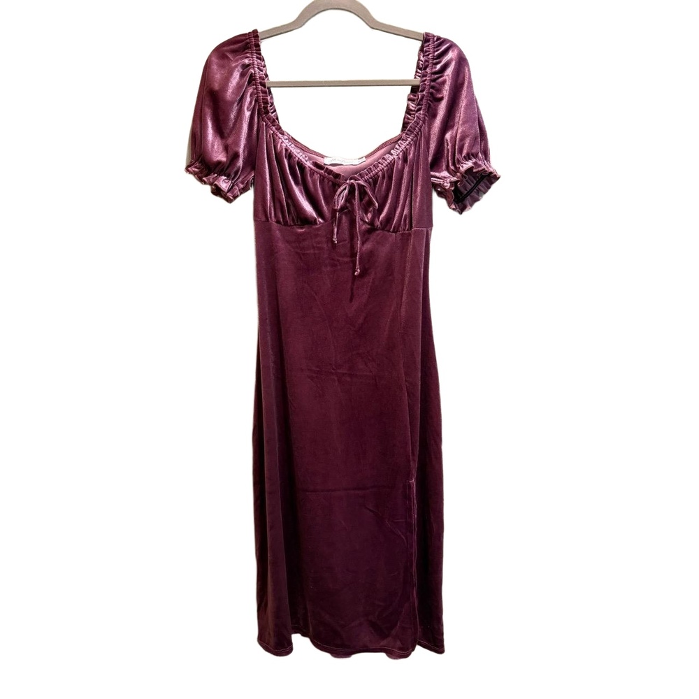 All In Favor Dress Womens Size M Purple Midi Velvet Puff‎ Sleeve Tie Front